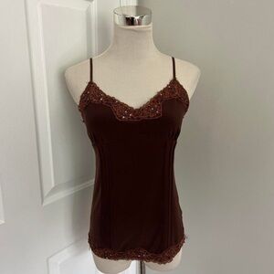Y2K Vintage No Boundaries Brown Beaded Lace Trim Cami Top